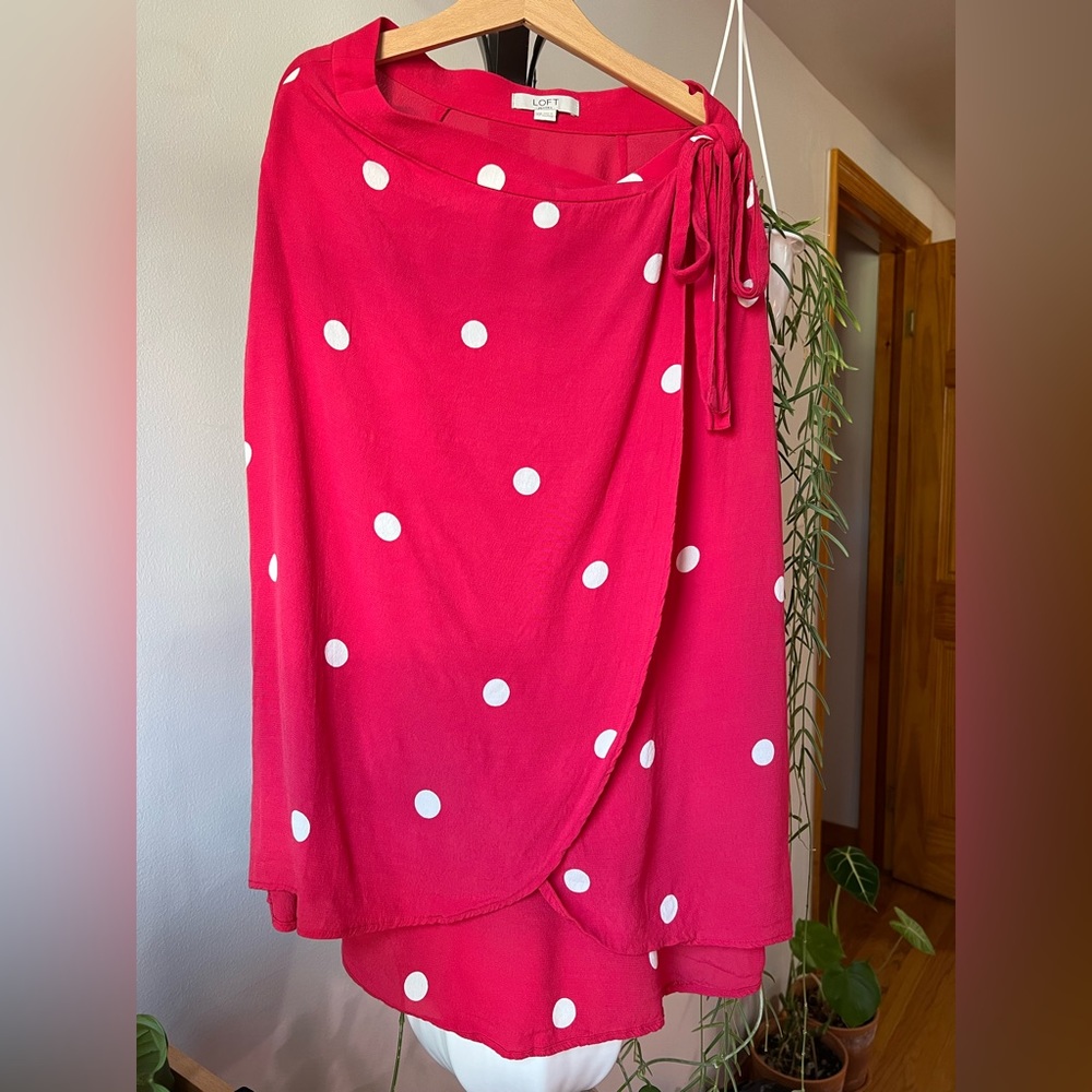 Loft Red Midi Wrap Skirt with White Polka Dots